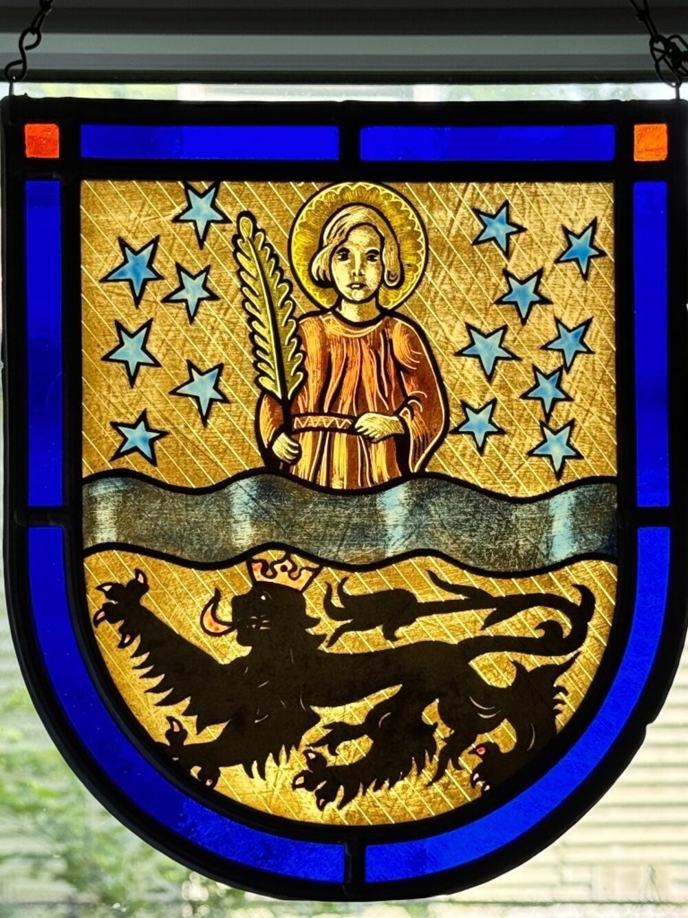 Vintage German Mönchengladbach St Vitus Stained Glass Coat of Arms Panel